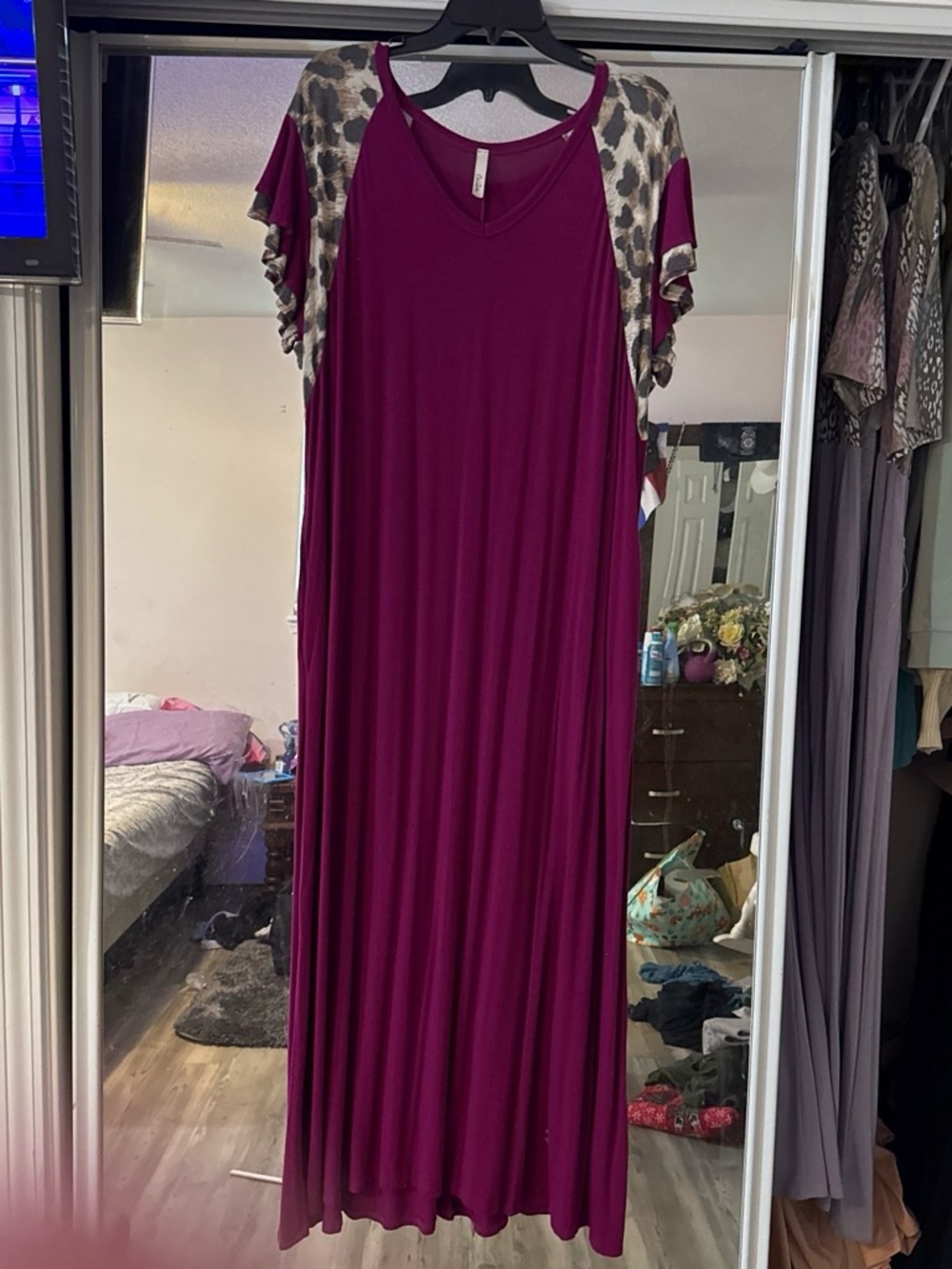 Celeste Magenta Maxi Dress with Leopard-Print Sleeves